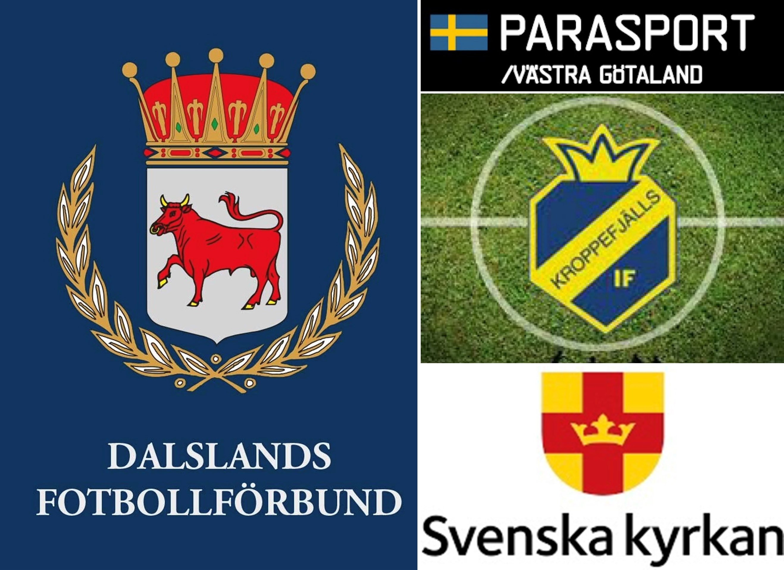 Bild med 4 logotyper: till vänster Dalslands Fotbollsförbund samt till höger uppifrån och ned Västra Götalands Parasportförbund, Kroppefjälls IF och Svenska Kyrkan.